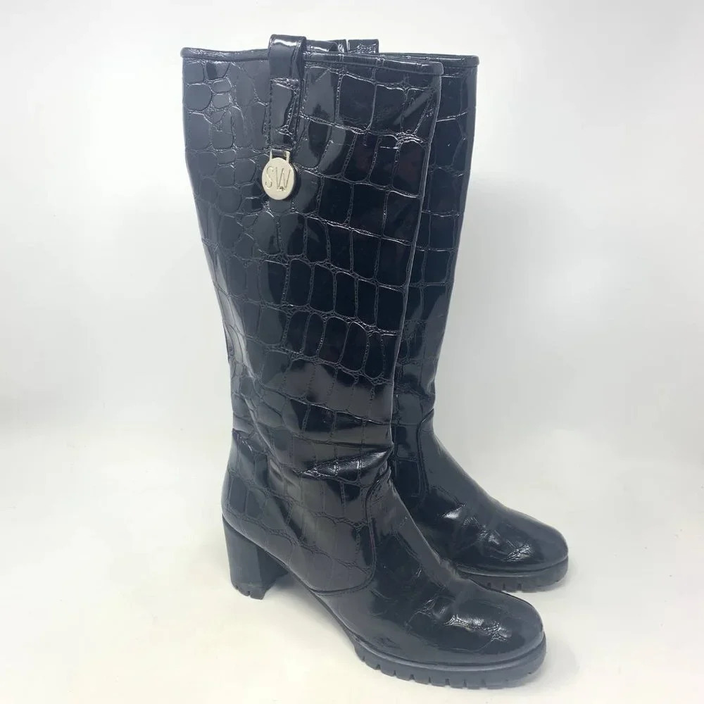 Stuart Weitzman Black Croc Leather Heeled Boots Size US 6 - Picture 5 of 10